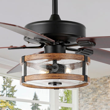 Joanna 52" Rustic Industrial Iron/Wood/Seeded Glass Mobile-App/Remote-Controlled LED Ceiling Fan - JONATHAN Y